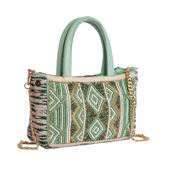 Multi-Pattern Green Beaded Mini Tote Bag