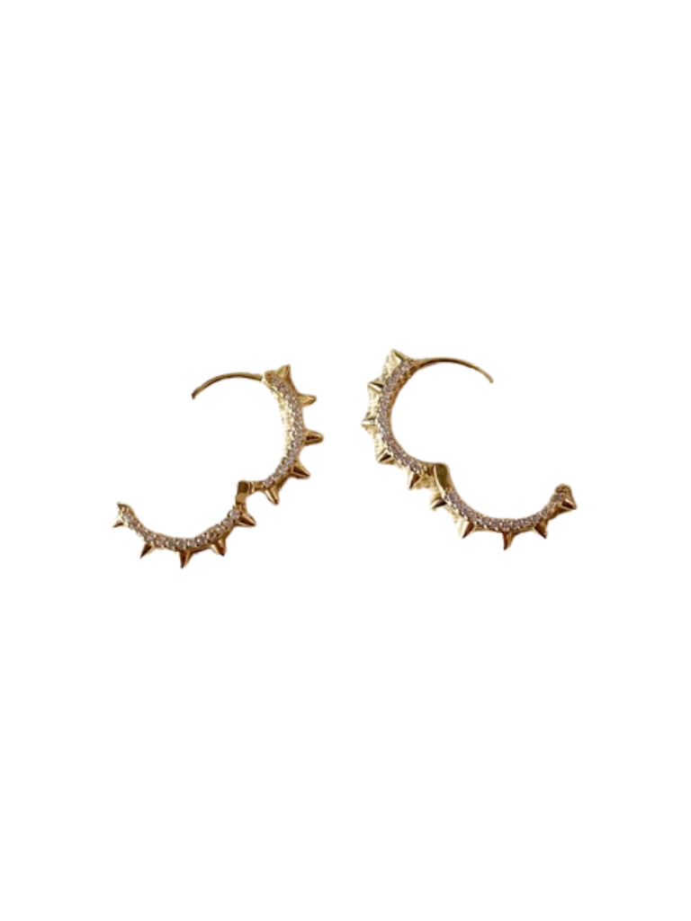 18k Gold Filled Spiked w/CZ Stone Accent Huggie Hoop Earrings