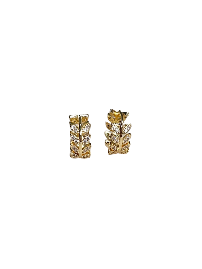 18k Gold Filled Leaf w/CZ Accent Huggie Hoop Earrings