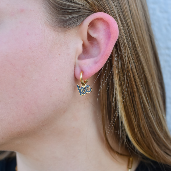 Kansas City Dark Blue Script Charm Huggie Hoop Earrings