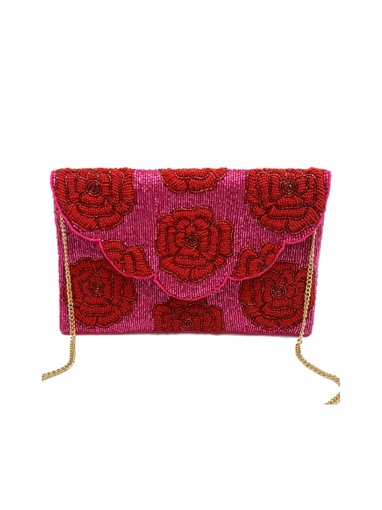 Red Roses Beaded Clutch Bag