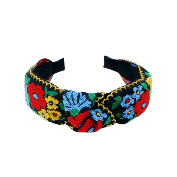 Black Floral Embroidered Top Knot Headband