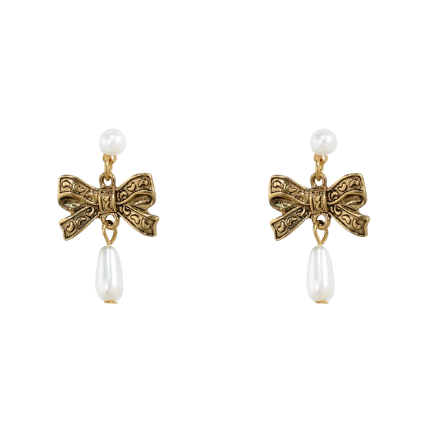 Antique Gold Bow & Pearl Earrings