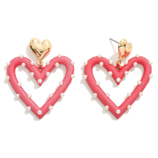 Pearl & Pink Glitter Heart Stud Earrings