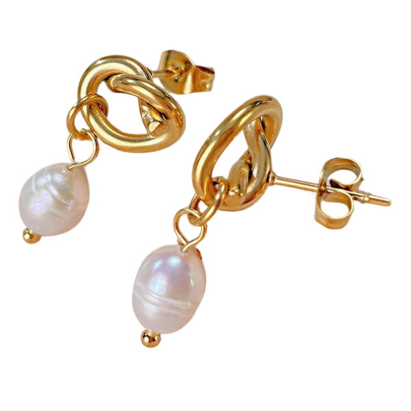 Gold Knot W/ Pearl Charm Stud Earrings