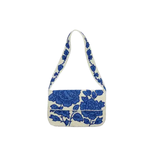 Blue Floral Beaded Shoulder Bag