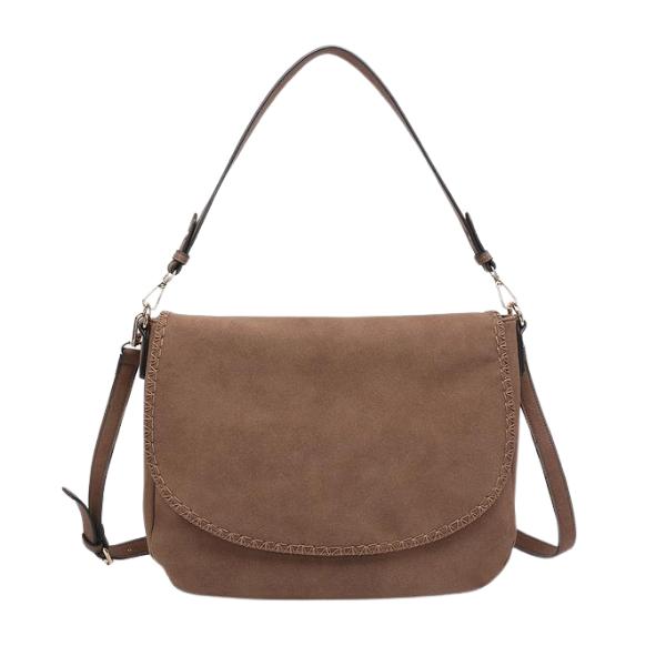 Faux Suede Flap Closure Satchel Bag - Chocolate Brown