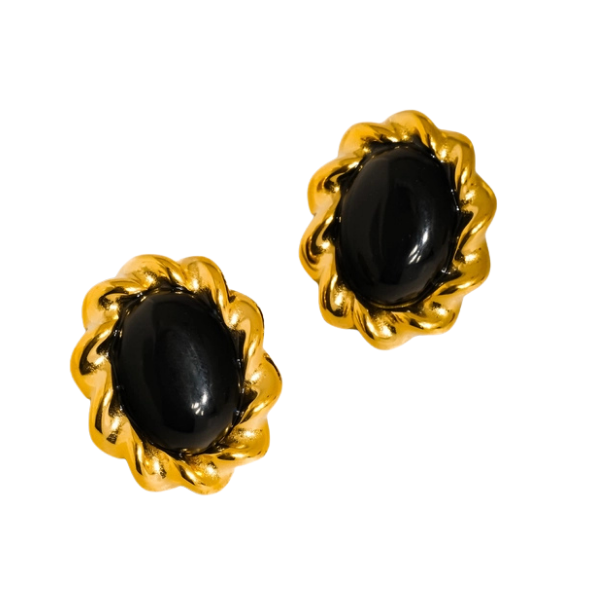 Eulie 18K Gold Non-Tarnish Vintage Stone Oval Stud Earring