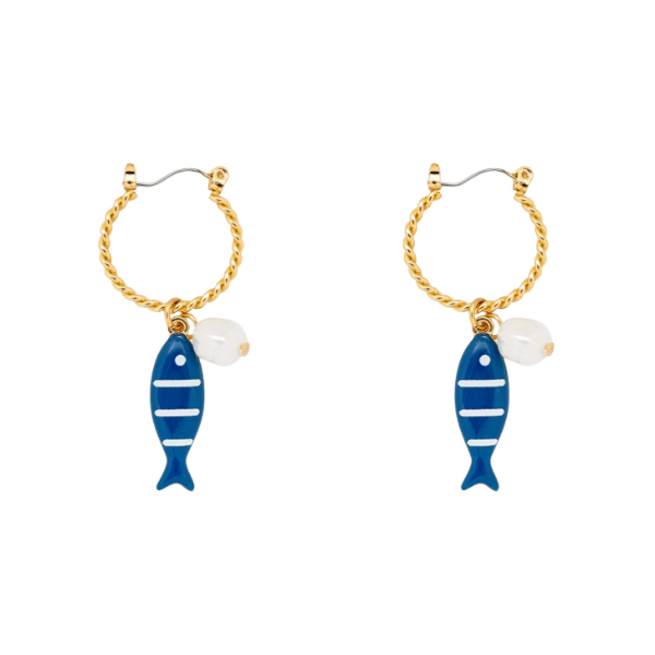 Blue Fish & Pearl Charm Hoop Earrings