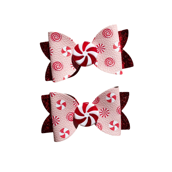 2ps Red & Pink Candy Cane Accent Bow Clip Set