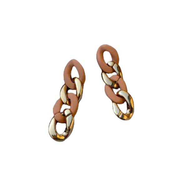 Vintage Style Statement Earrings - Brown & Gold Chain