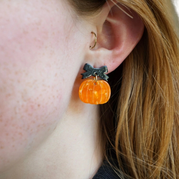 Pumpkin &amp; Black Bow Earrings