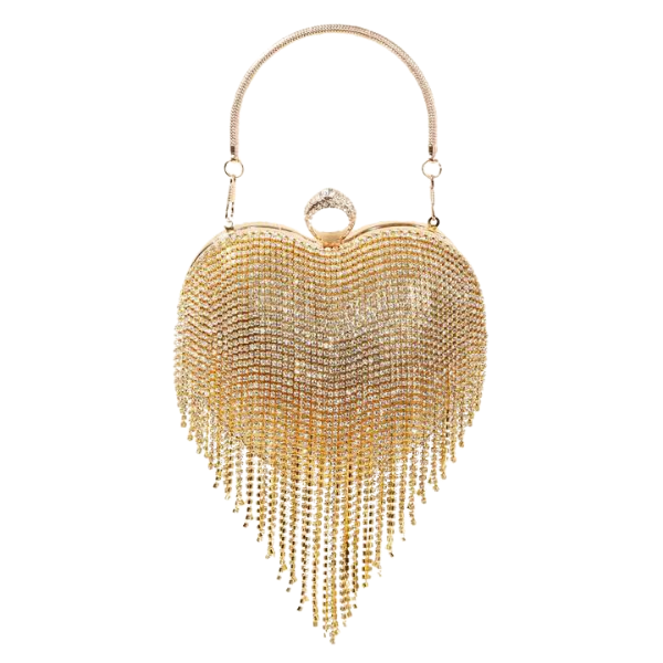 Gold Rhinestone Fringe Heart Clutch