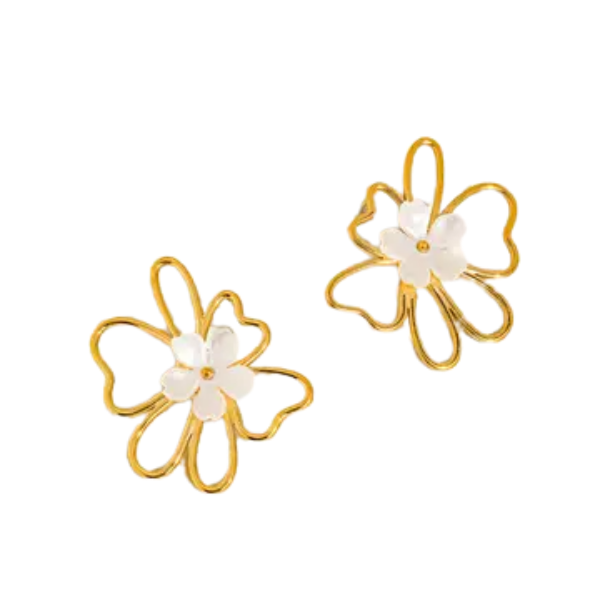 Roseline 18k Gold Non-Tarnish White Pearl Floral Statement Earrings