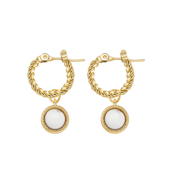 White Stone Charm On Twisted Hoop Earrings