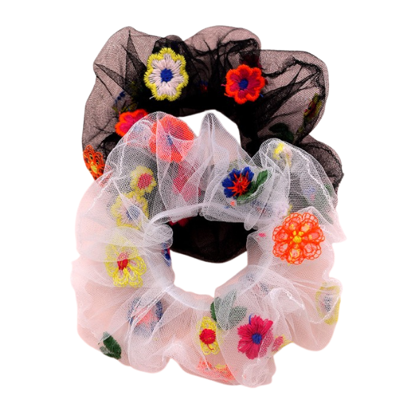 Embroidered Floral & Mesh Scrunchies