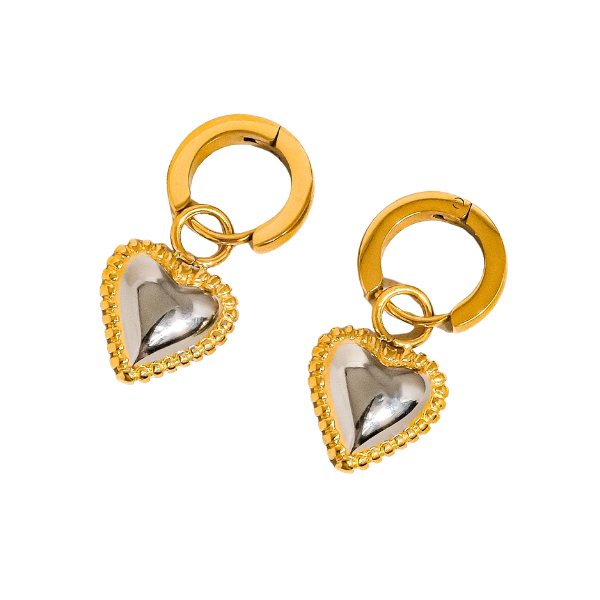 18K Non-Tarnish Two Tone Classic Heart Earrings
