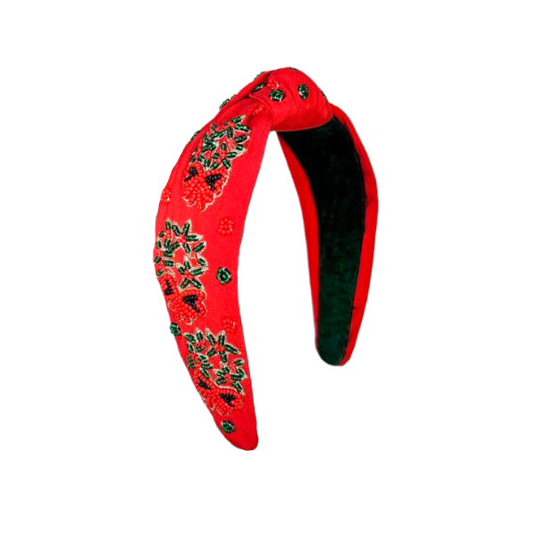 Holiday Beaded Headband - Red Holiday Wreath