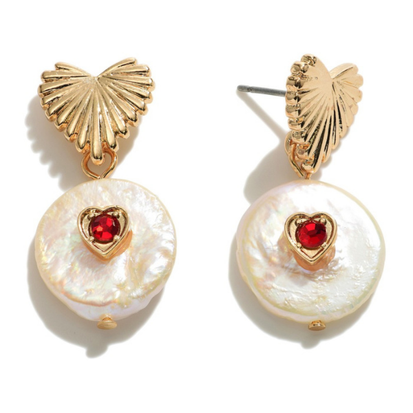 Pearl Charm & Rhinestone Heart Statement Earrings - Red