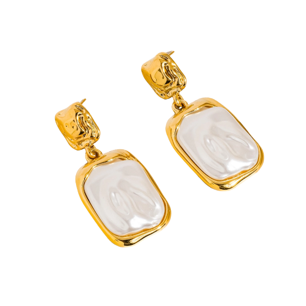 18K Gold Non-Tarnish Square Pearl Statement Earrings