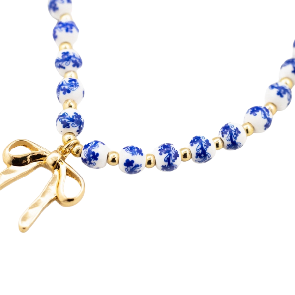 Chinoiserie Blue Bead Necklace w/Bow Charm