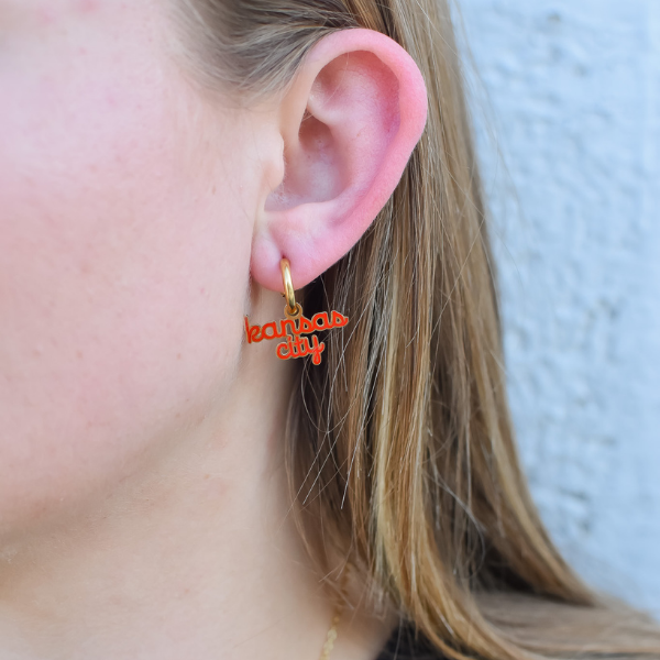 Kansas City Stacked Red Script Huggie Hoop Earrings