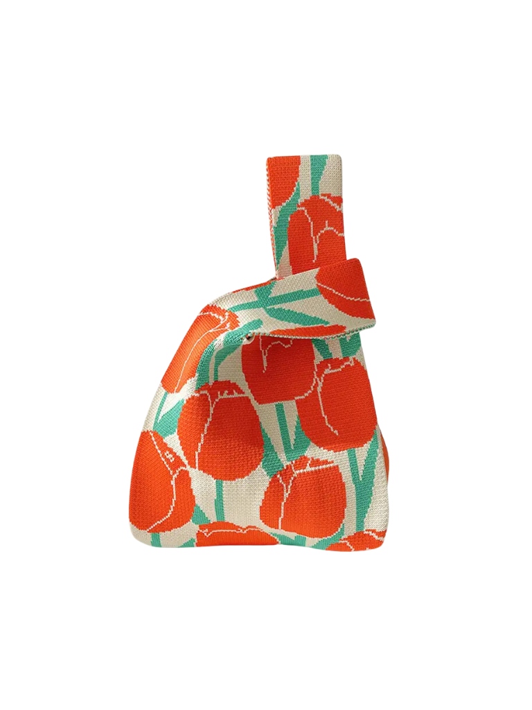 Orange Floral Print Knitted Tote Bag