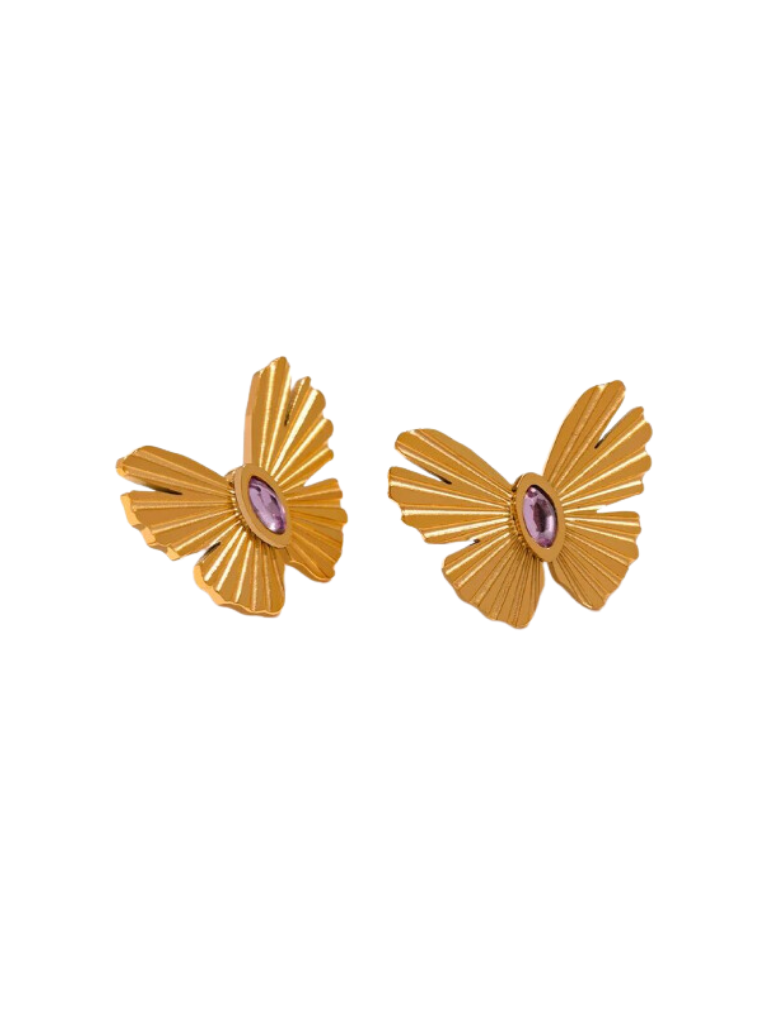 Gold Plated Butterfly w/Purple Stone Accent Stud Earrings