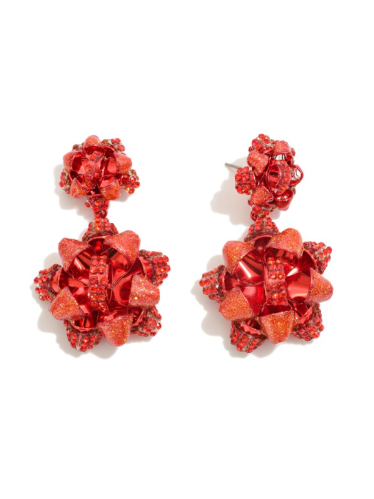 Red Rhinestone Christmas Bow Earrings