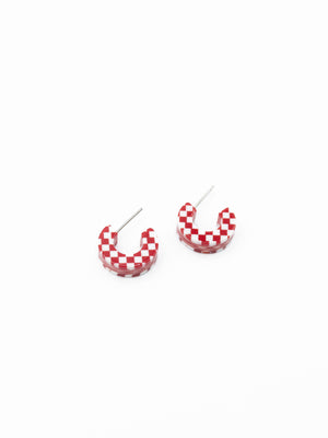 Red and White Checkered Hoop Earrings