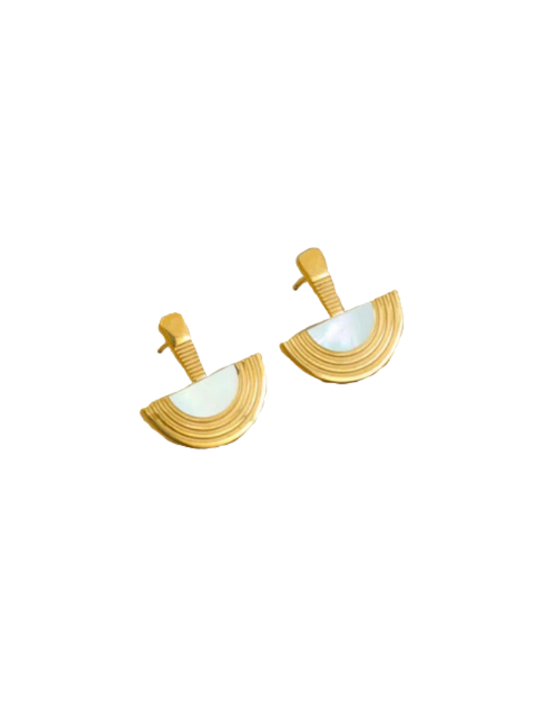 Ridged Gold Half Moon w/Pearl Accent Earrings