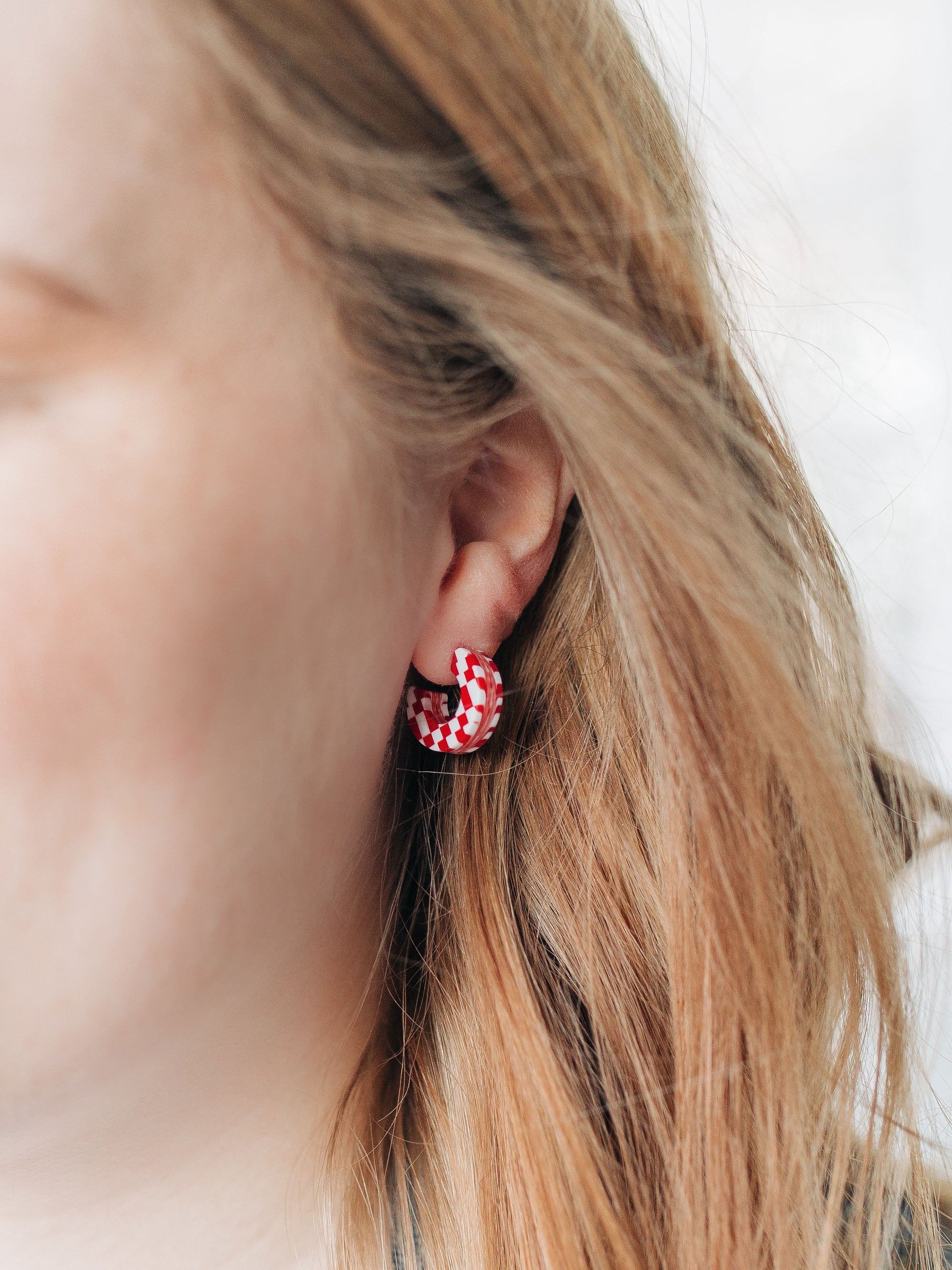 Red and White Checkered Hoop Earrings