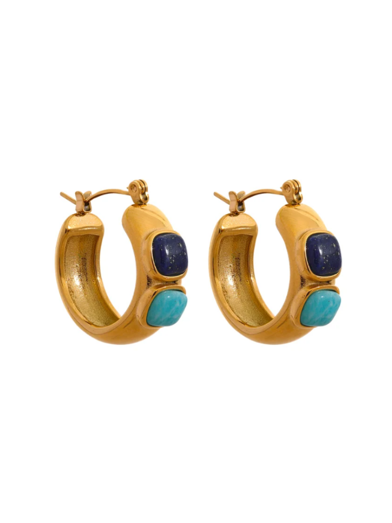 Gold 2 Color Natural Stones Huggie Hoop Earrings