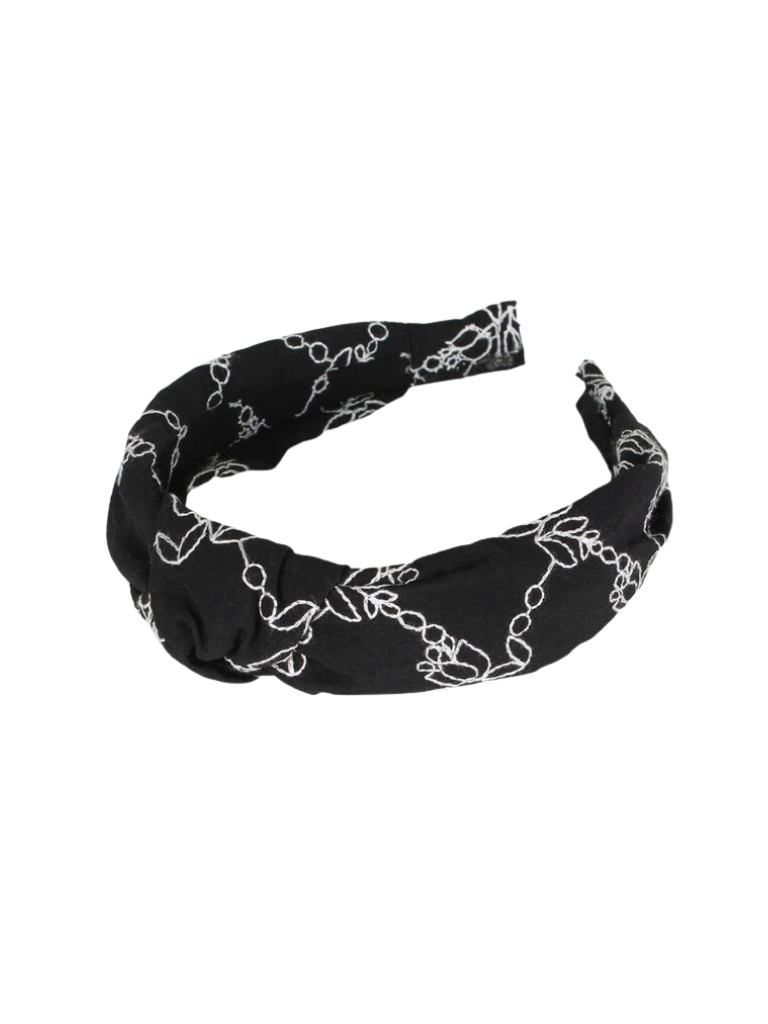 Black with White Floral Embroidery Headband