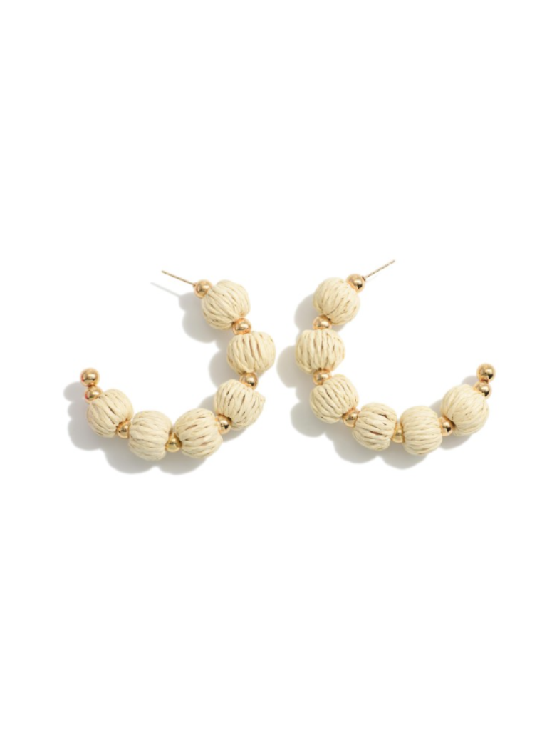 Ivory Raffia Ball Hoop Earrings