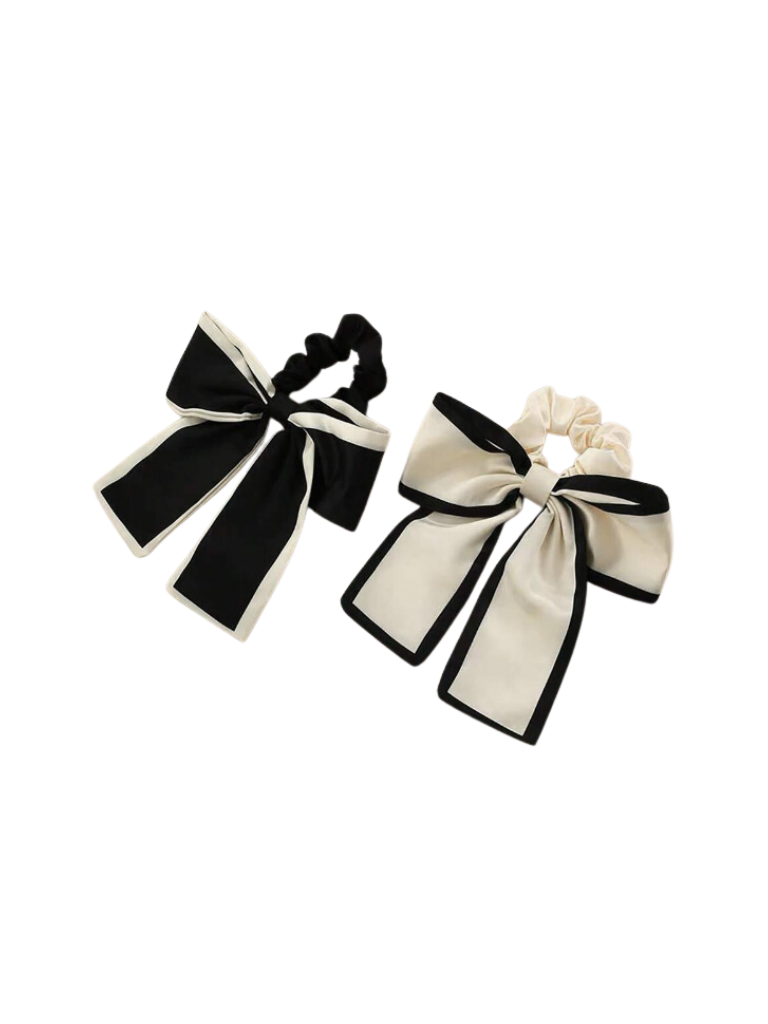 2pc Black & White Bow Hair Tie Scrunchie Pack