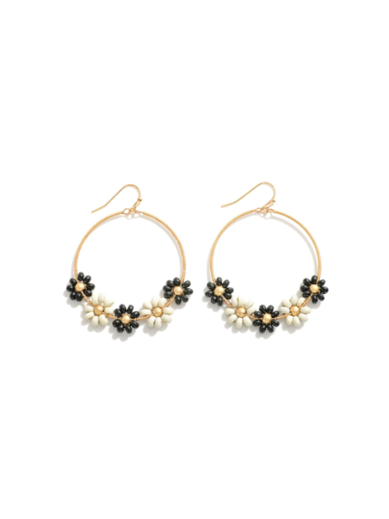 Black and White Beaded Flower Earrings
