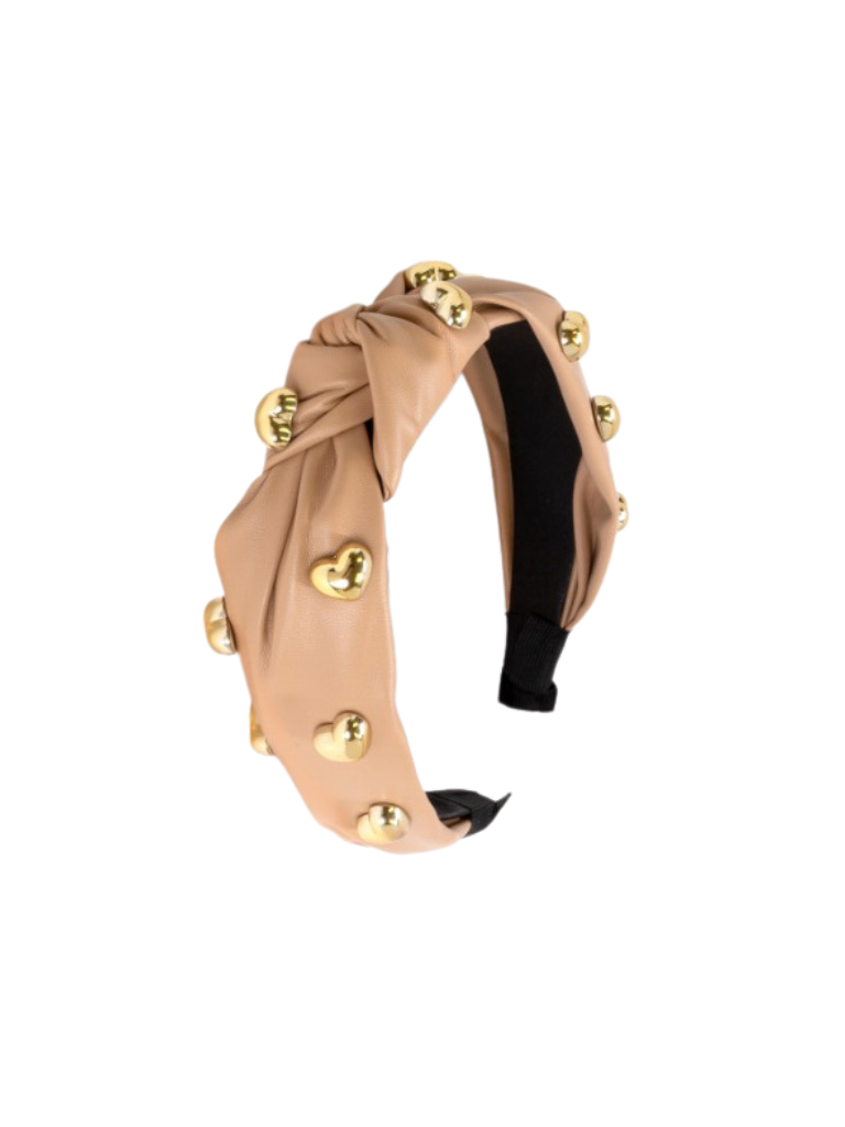 Beige Heart Stud Leather Top Knot Headband