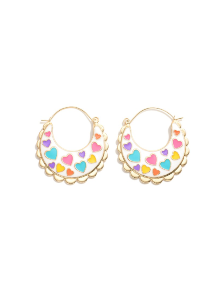 Ivory w/Multicolor Hearts Hoops Earrings